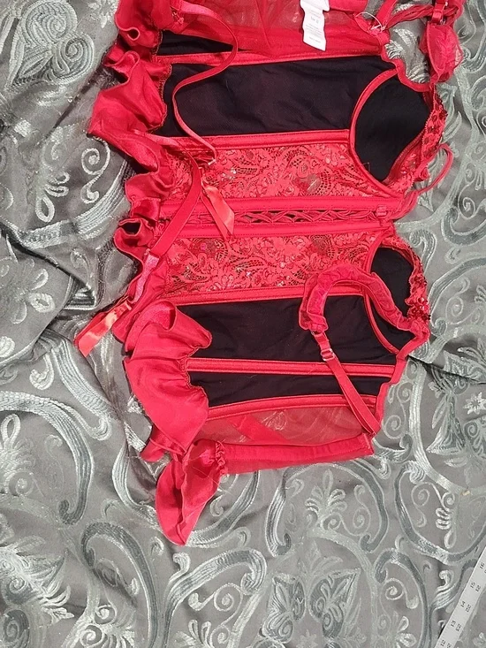 Shirley Of Hollywood Red Satin Corset With Lace And Sequin Accents Size 32 - Picture 4 of 7